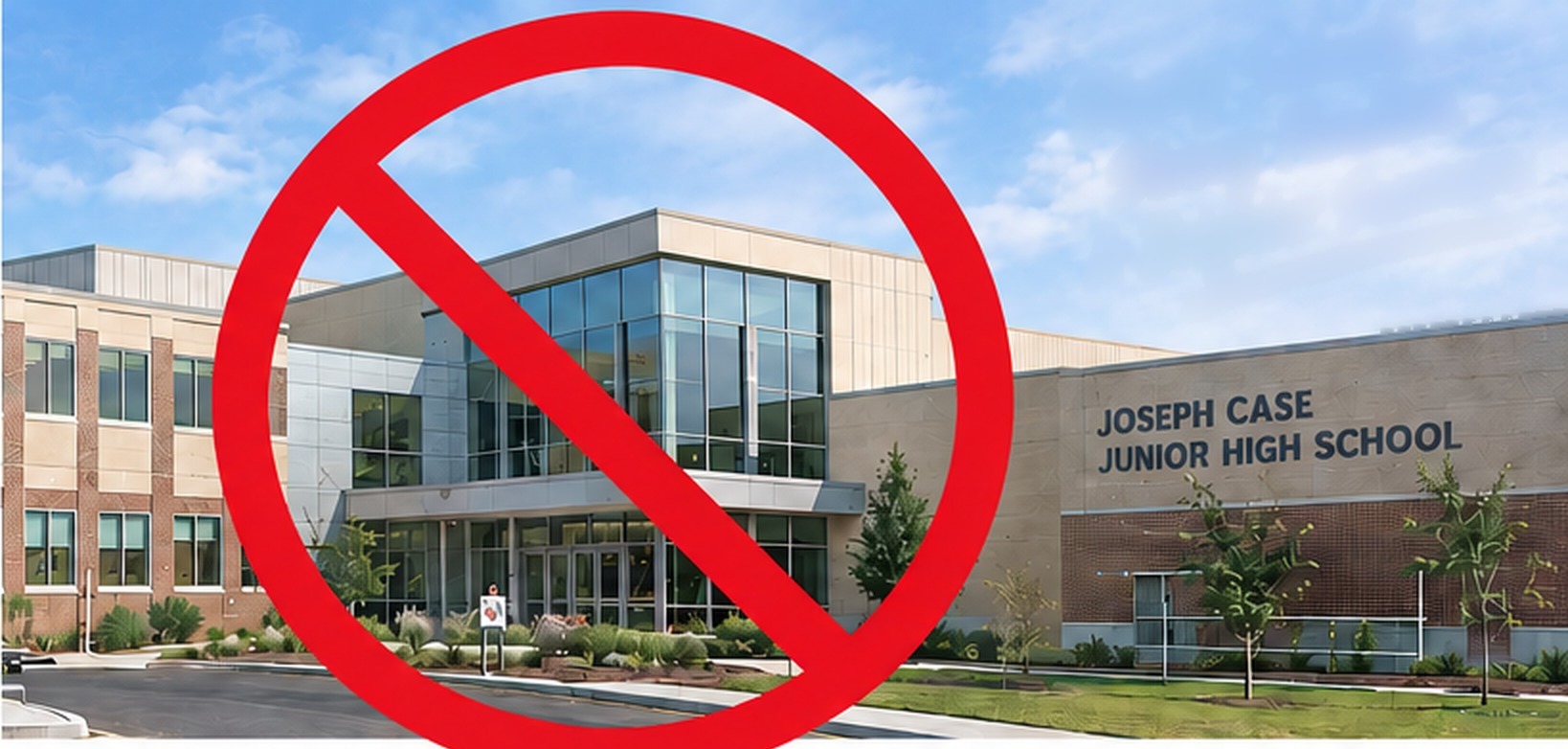 The proposed Joseph Case Junior High School building, crossed out with a red circle and slash.